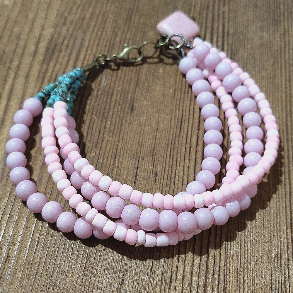 Pink and Turquoise Multi Strand Ladies Beaded Bracelet, Handmade Ladies Bracelet - Picture 4 of 6